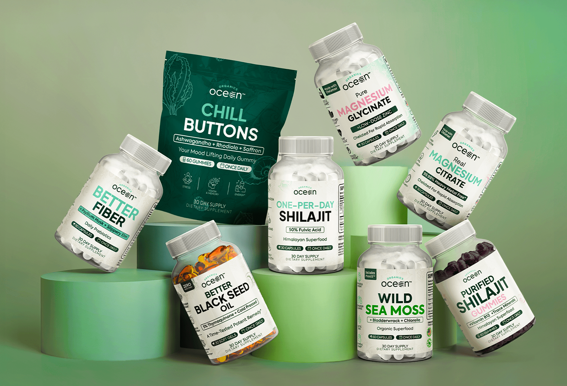 Ocean Organic supplement packaging lineup with 3D-rendered bottles and pouch